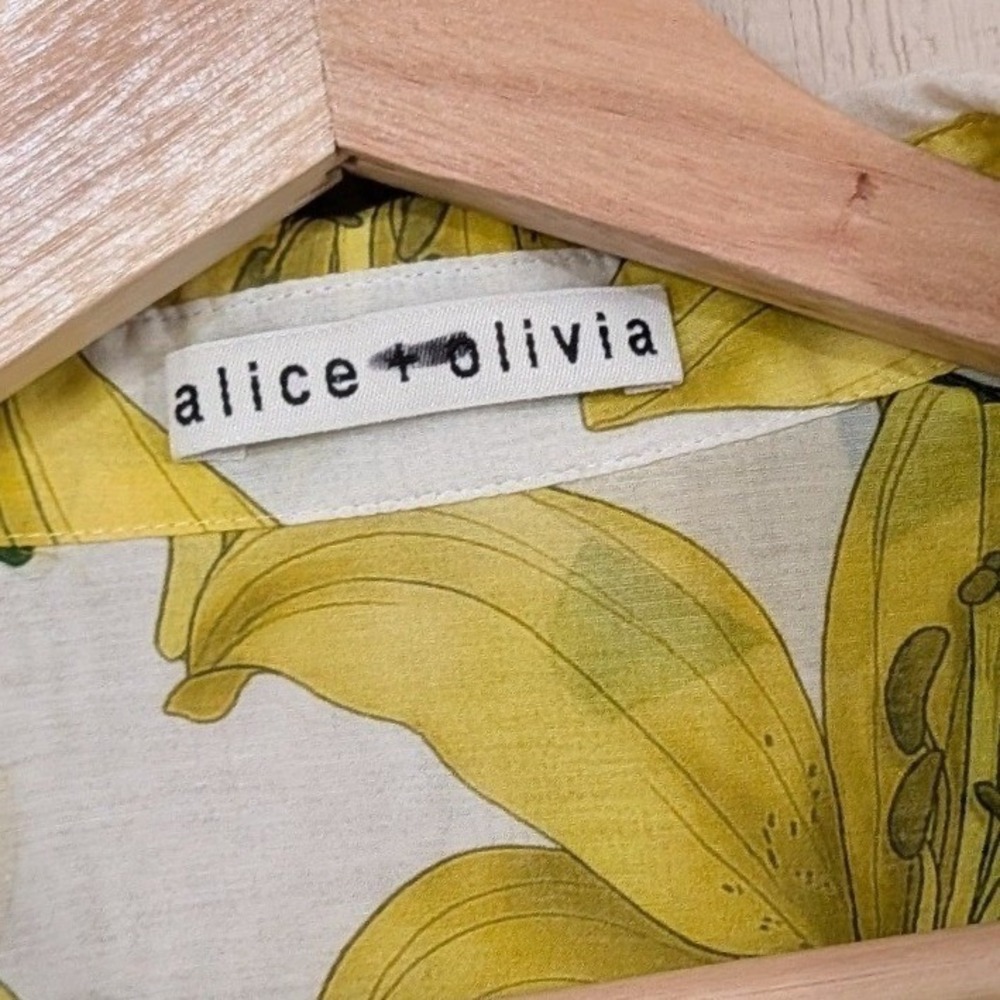 Alice +‎ Olivia Maylin Yellow Lily Floral Silk Blend Puff Sleeve Blouse Large - Picture 16 of 16